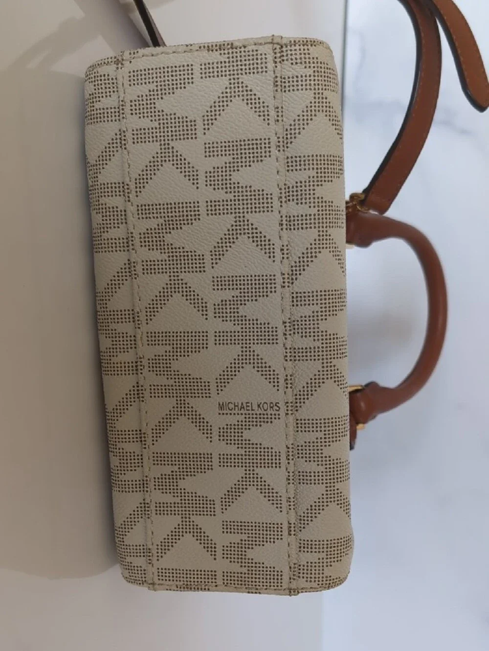 Michael Kors Cream and Brown Logo Satchel with Gold Accent
